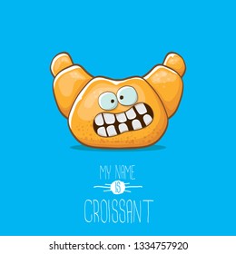 vector funky cartoon cute croissant character isolated on blue background. My name is croissant concept illustration. funky food character with eyes and mouth or bakery label mascot