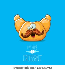 vector funky cartoon cute croissant character isolated on blue background. My name is croissant concept illustration. funky food character with eyes and mouth or bakery label mascot