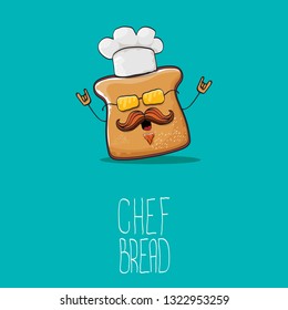 vector funky cartoon cute sliced bread chef character with white chef hat isolated on turquoise background. My name is bread concept illustration. Bakery funky logo or mascot design template