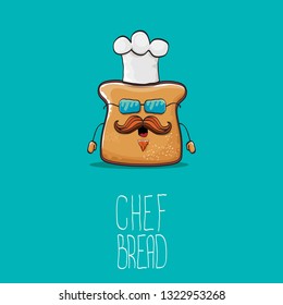 vector funky cartoon cute sliced bread chef character with white chef hat isolated on turquoise background. My name is bread concept illustration. Bakery funky logo or mascot design template