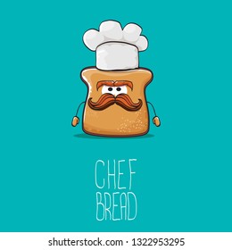 vector funky cartoon cute sliced bread chef character with white chef hat isolated on turquoise background. My name is bread concept illustration. Bakery funky logo or mascot design template
