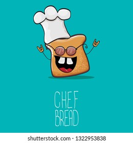 vector funky cartoon cute sliced bread chef character with white chef hat isolated on turquoise background. My name is bread concept illustration. Bakery funky logo or mascot design template