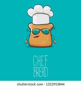 vector funky cartoon cute sliced bread chef character with white chef hat isolated on turquoise background. My name is bread concept illustration. Bakery funky logo or mascot design template