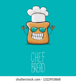 vector funky cartoon cute sliced bread chef character with white chef hat isolated on turquoise background. My name is bread concept illustration. Bakery funky logo or mascot design template