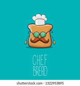 vector funky cartoon cute sliced bread chef character with white chef hat isolated on turquoise background. My name is bread concept illustration. Bakery funky logo or mascot design template