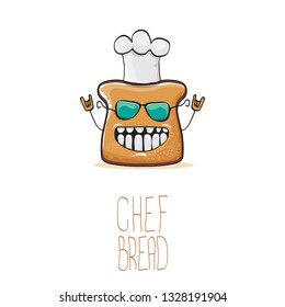 vector funky cartoon cute sliced bread chef character with white chef hat isolated on white background. My name is bread concept illustration. Bakery funky logo or mascot design template