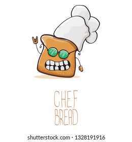vector funky cartoon cute sliced bread chef character with white chef hat isolated on white background. My name is bread concept illustration. Bakery funky logo or mascot design template