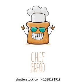 vector funky cartoon cute sliced bread chef character with white chef hat isolated on white background. My name is bread concept illustration. Bakery funky logo or mascot design template