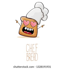 vector funky cartoon cute sliced bread chef character with white chef hat isolated on white background. My name is bread concept illustration. Bakery funky logo or mascot design template