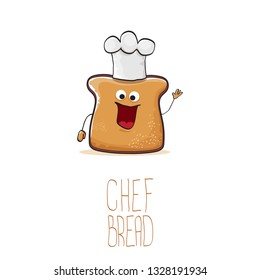 vector funky cartoon cute sliced bread chef character with white chef hat isolated on white background. My name is bread concept illustration. Bakery funky logo or mascot design template