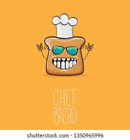 vector funky cartoon cute sliced bread chef character with white chef hat isolated on orange background. My name is bread concept illustration. Bakery funky logo or mascot design template