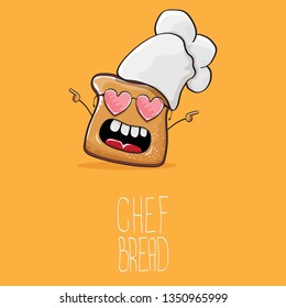 vector funky cartoon cute sliced bread chef character with white chef hat isolated on orange background. My name is bread concept illustration. Bakery funky logo or mascot design template