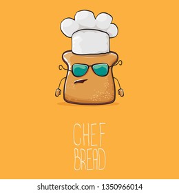 vector funky cartoon cute sliced bread chef character with white chef hat isolated on orange background. My name is bread concept illustration. Bakery funky logo or mascot design template