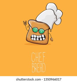 vector funky cartoon cute sliced bread chef character with white chef hat isolated on orange background. My name is bread concept illustration. Bakery funky logo or mascot design template
