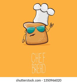 vector funky cartoon cute sliced bread chef character with white chef hat isolated on orange background. My name is bread concept illustration. Bakery funky logo or mascot design template