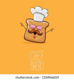 vector funky cartoon cute sliced bread chef character with white chef hat isolated on orange background. My name is bread concept illustration. Bakery funky logo or mascot design template