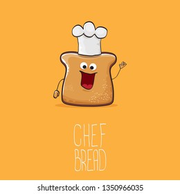 vector funky cartoon cute sliced bread chef character with white chef hat isolated on orange background. My name is bread concept illustration. Bakery funky logo or mascot design template