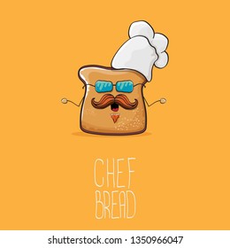 vector funky cartoon cute sliced bread chef character with white chef hat isolated on orange background. My name is bread concept illustration. Bakery funky logo or mascot design template
