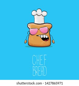 vector funky cartoon cute sliced bread chef character with white chef hat isolated on blue background. My name is bread concept illustration. Bakery funky logo or mascot design template