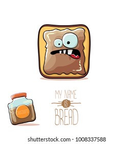 vector funky cartoon cute white sliced toast bread character with chocolate butter or spred isolated on white background. My name is bread concept illustration. funky kids food character 