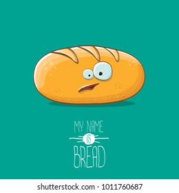 vector funky cartoon cute white loaf of bread character isolated on azure background. My name is bread concept illustration. funky food bakery character with eyes and mouth