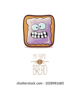 vector funky cartoon cute white sliced toast bread character with violet jam or jelly isolated on white background. My name is bread concept illustration. funky kids food character