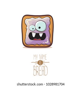 vector funky cartoon cute white sliced toast bread character with violet jam or jelly isolated on white background. My name is bread concept illustration. funky kids food character