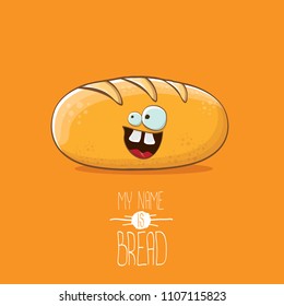 vector funky cartoon cute white loaf of bread character isolated on orange background. My name is bread concept illustration. funky food bakery character with eyes and mouth