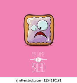 vector funky cartoon cute white sliced toast bread character with violet jam or jelly isolated on pink background. My name is bread concept illustration. funky kids food character
