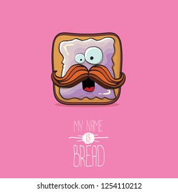 vector funky cartoon cute white sliced toast bread character with violet jam or jelly isolated on pink background. My name is bread concept illustration. funky kids food character
