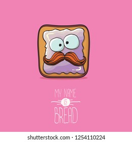 vector funky cartoon cute white sliced toast bread character with violet jam or jelly isolated on pink background. My name is bread concept illustration. funky kids food character