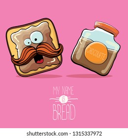 vector funky cartoon cute white sliced toast bread character with chocolate butter or spred isolated on pink background. My name is bread concept illustration. funky kids food character