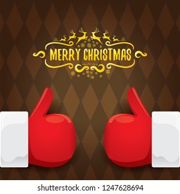 vector funky cartoon Santa Claus like hand icon on brown pattern background  . thumbs up santa hand symbol. merry christmas greeting card or party poster background