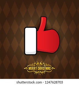 vector funky cartoon Santa Claus like hand icon on brown pattern background  . thumbs up santa hand symbol. merry christmas greeting card or party poster background