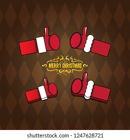 vector funky cartoon Santa Claus like hand icon on brown pattern background  . thumbs up santa hand symbol. merry christmas greeting card or party poster background