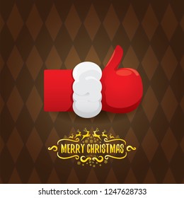vector funky cartoon Santa Claus like hand icon on brown pattern background  . thumbs up santa hand symbol. merry christmas greeting card or party poster background
