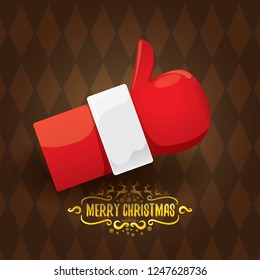 vector funky cartoon Santa Claus like hand icon on brown pattern background  . thumbs up santa hand symbol. merry christmas greeting card or party poster background