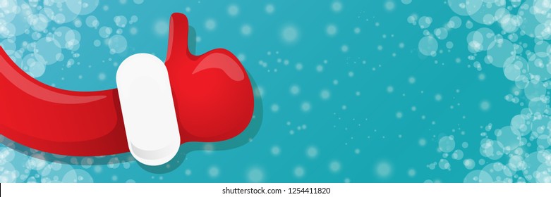vector funky cartoon Santa Claus like hand icon isolated on azure sky background with falling snow. thumbs up santa hand symbol. merry christmas horizontal banner background