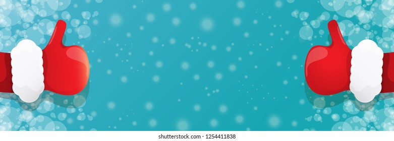 vector funky cartoon Santa Claus like hand icon isolated on azure sky background with falling snow. thumbs up santa hand symbol. merry christmas horizontal banner background