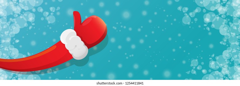 vector funky cartoon Santa Claus like hand icon isolated on azure sky background with falling snow. thumbs up santa hand symbol. merry christmas horizontal banner background
