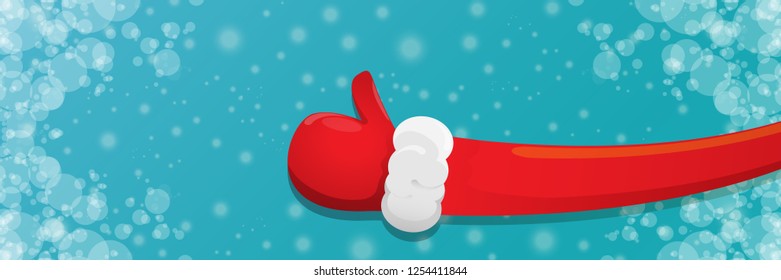 vector funky cartoon Santa Claus like hand icon isolated on azure sky background with falling snow. thumbs up santa hand symbol. merry christmas horizontal banner background