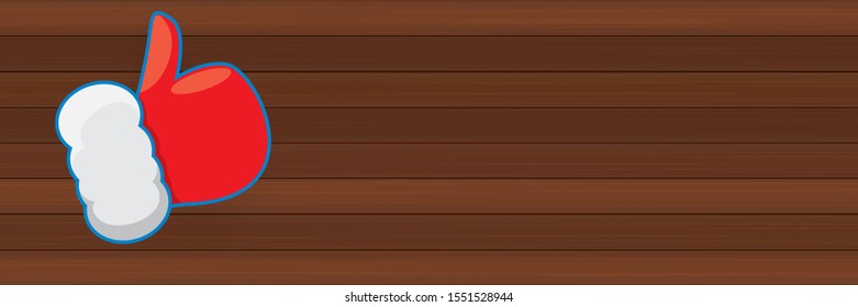 vector funky cartoon Santa Claus like hand icon isolated on wooden  background . thumbs up santa hand symbol. merry christmas horizontal banner background  with place for sale text