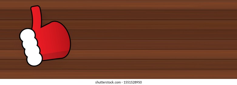 vector funky cartoon Santa Claus like hand icon isolated on wooden  background . thumbs up santa hand symbol. merry christmas horizontal banner background  with place for sale text