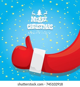 vector funky cartoon Santa Claus like hand icon isolated on night starry blue background . thumbs up santa hand symbol. merry christmas greeting card or party poster background