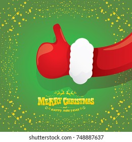 vector funky cartoon Santa Claus like hand icon isolated on green background with stars . thumbs up santa hand symbol. merry christmas greeting card or party poster background