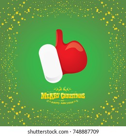 vector funky cartoon Santa Claus like hand icon isolated on green background with stars . thumbs up santa hand symbol. merry christmas greeting card or party poster background
