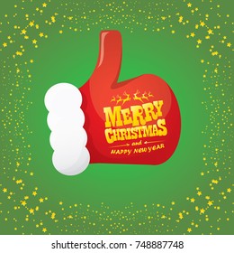 vector funky cartoon Santa Claus like hand icon isolated on green background with stars . thumbs up santa hand symbol. merry christmas greeting card or party poster background