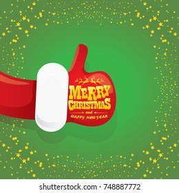 vector funky cartoon Santa Claus like hand icon isolated on green background with stars . thumbs up santa hand symbol. merry christmas greeting card or party poster background