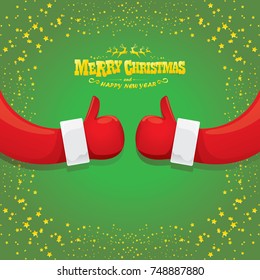 vector funky cartoon Santa Claus like hand icon isolated on green background with stars . thumbs up santa hand symbol. merry christmas greeting card or party poster background