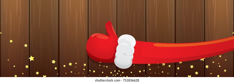 vector funky cartoon Santa Claus like hand icon isolated on old vintage wooden background . thumbs up santa hand symbol. merry christmas horizontal banner background